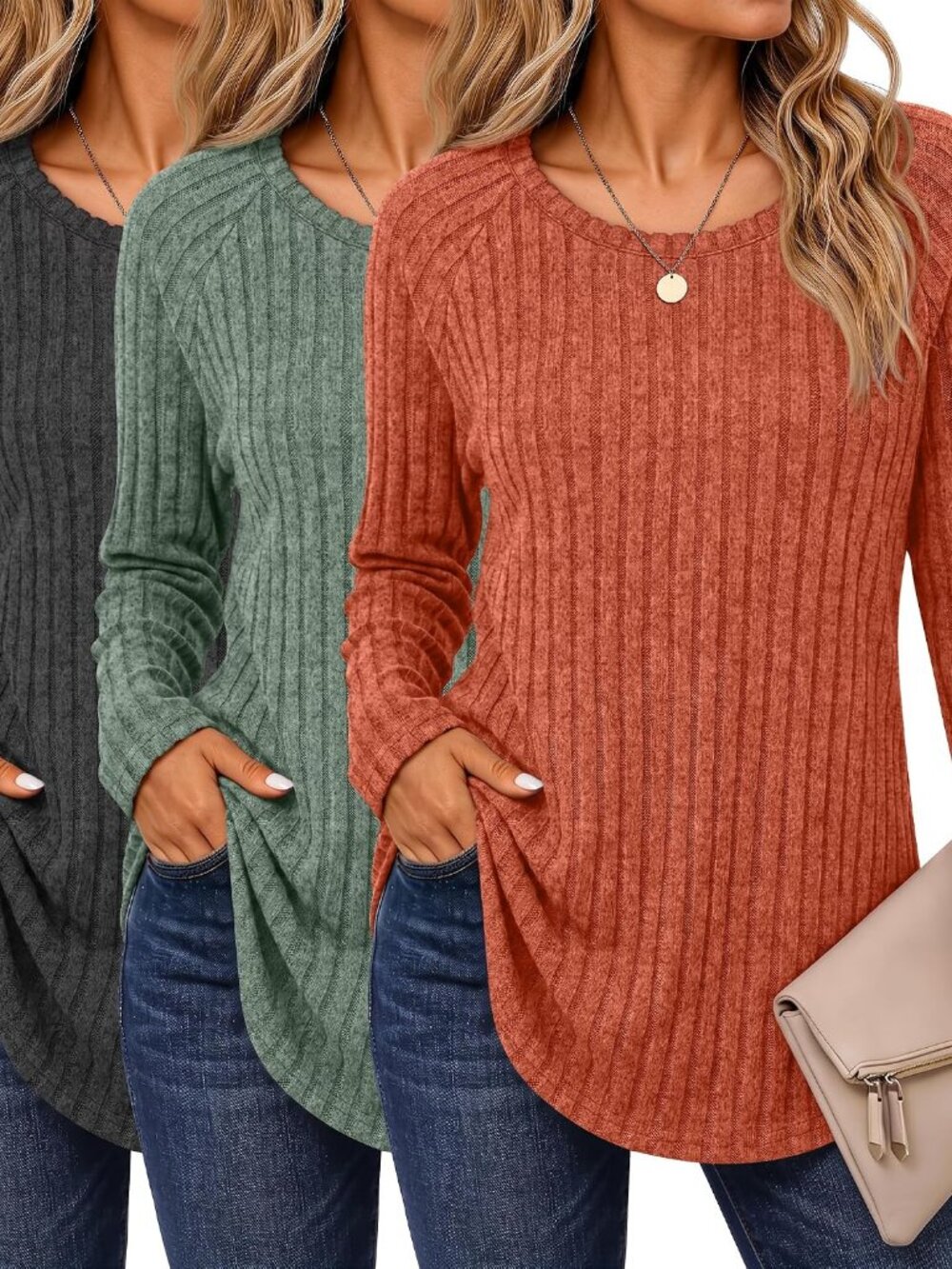 3-Pack Women's Fall Long Sleeve Tunic Sweaters